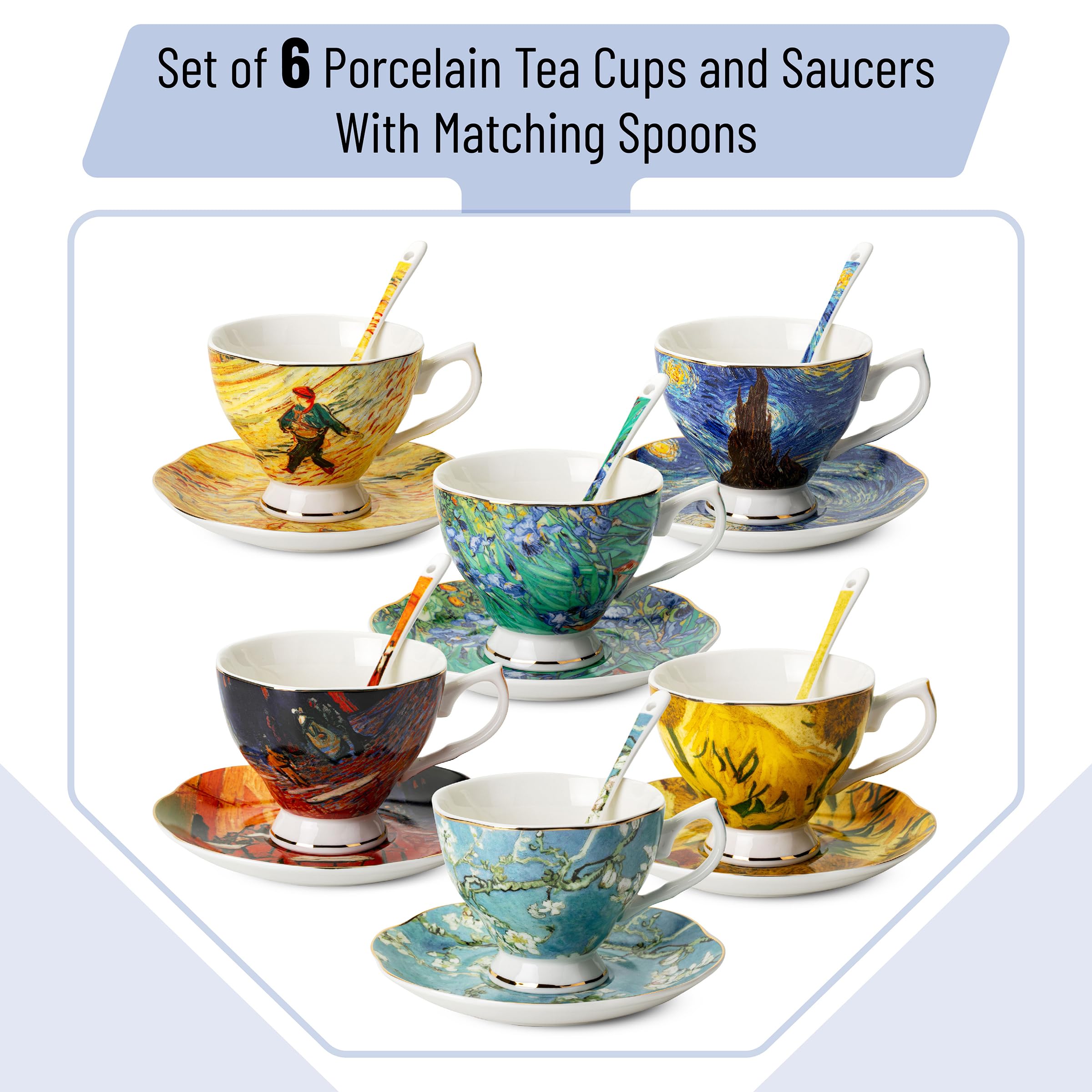 BTaT- Tea Cups and Saucers, Set of 6 with Spoon, 8 oz, Fine Porcelain Teacup Set with Gold Trim for Afternoon Tea, Weddings, Parties & Gifting, Dishwasher Safe, Lightweight, Non-Toxic
