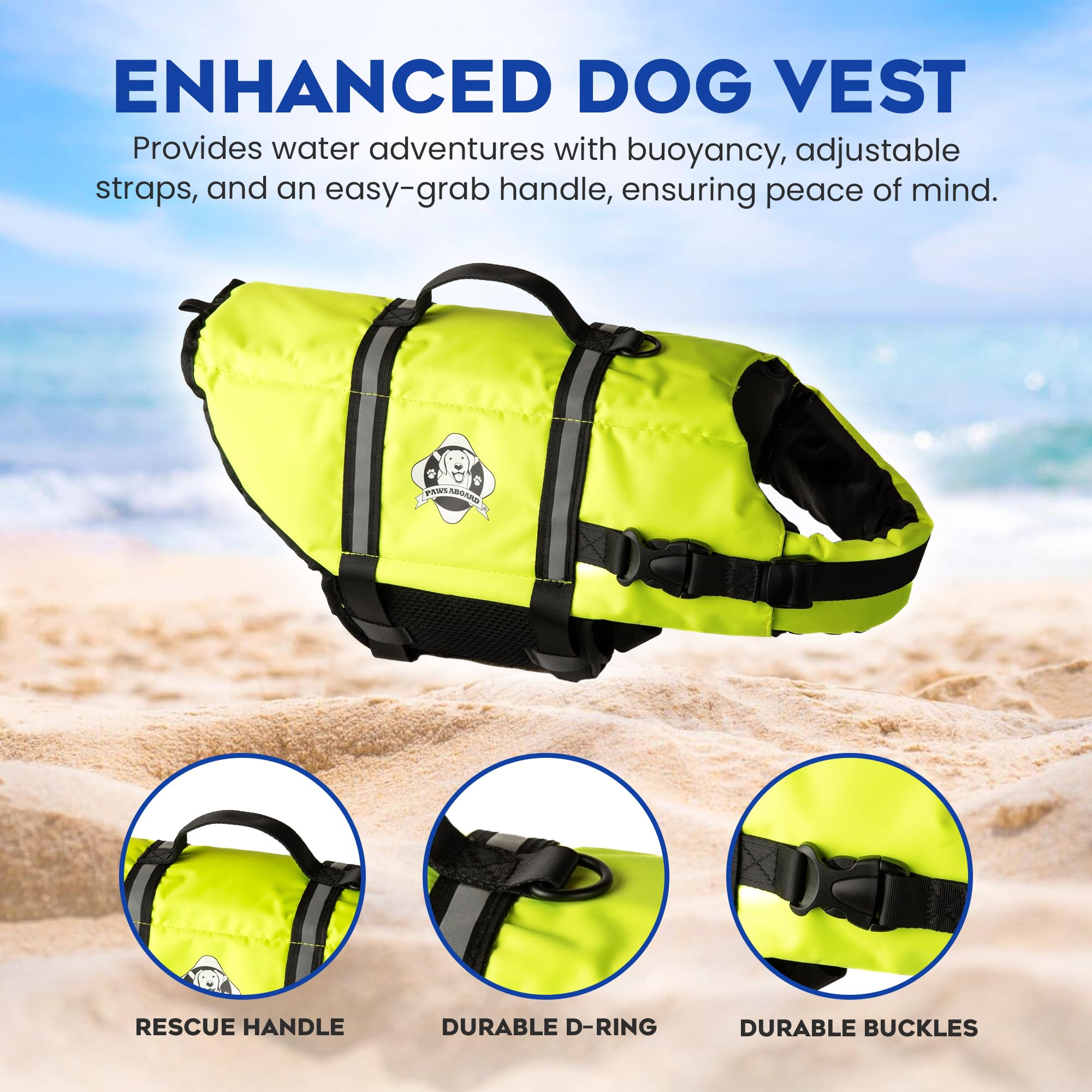 Dog Life Jacket — Premium Swim Vest with SafeChin Anti-Choke Collar | PAWS Aboard Blue & Yellow | RapidLift Rescue Handle, D-Ring, Reflective Trim | Boating, Kayaking, Pool | XX-Small (Under 6 lbs)