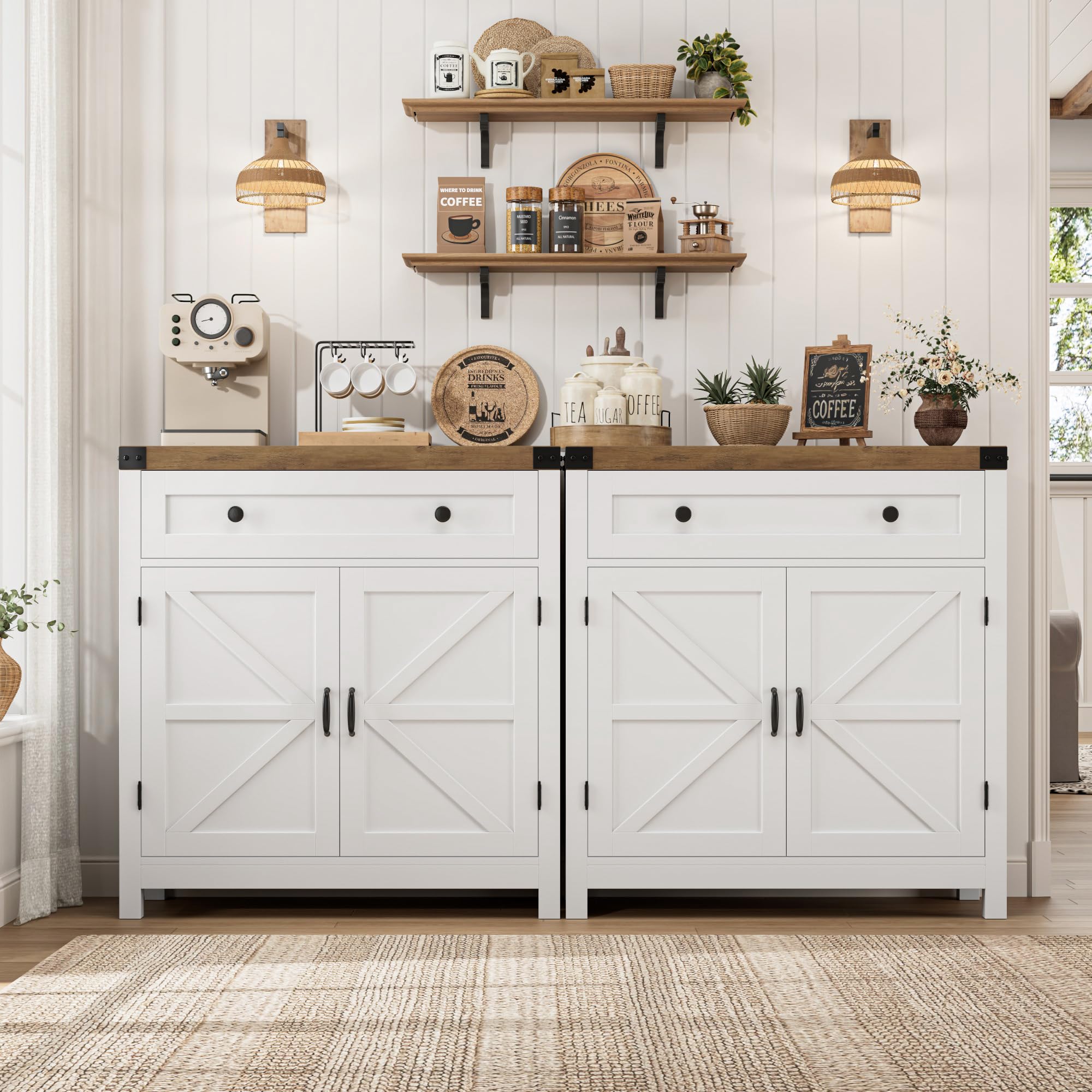 HOSTACK Coffee Bar Cabinet, Kitchen Storage Cabinet, Modern Farmhouse Buffet Sideboard with Drawer and Adjustable Shelf, Barn Door Accent Cabinets for Kitchen, Dining Room, Entryway, Ash Grey