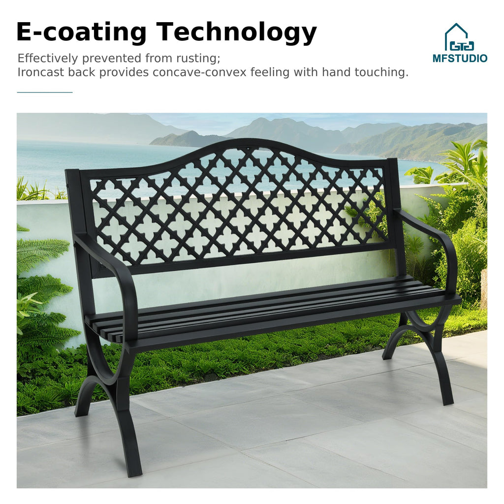 MFSTUDIO 50 Inches Outdoor Garden Bench, Cast Iron Metal Frame Patio Park Bench with Floral Pattern Backrest, Arch Legs for Porch Lawn Garden Yard(Black)