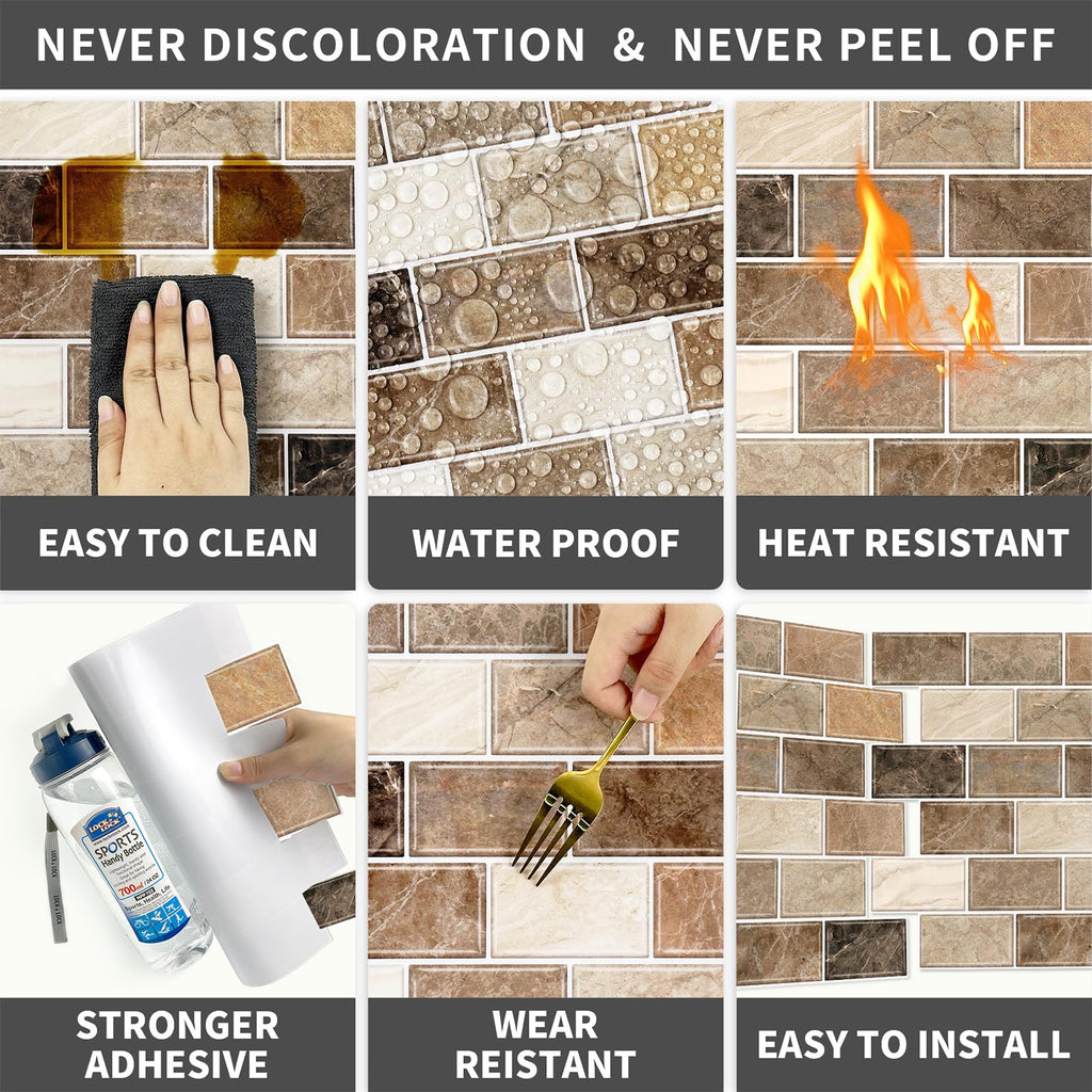URCOLOR 10-Sheet Back Splashes for Kitchens Peel and Stick,12"x12" Self Adhesive Subway Wall Tiles Stick on backsplash Tiles for Bathroom Black Marble