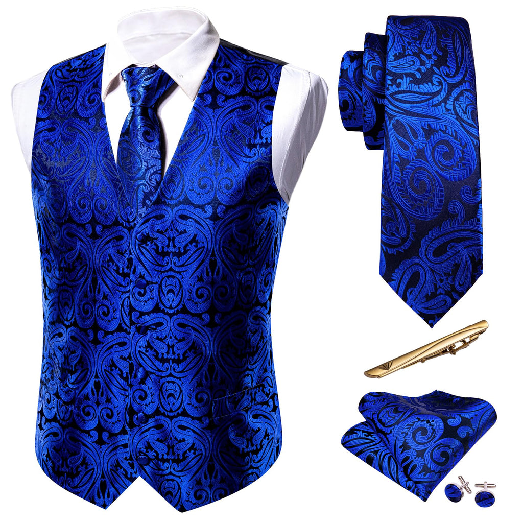 Barry.Wang Men's Suit Vest Formal/Leisure Paisley Jacquard Silk Tie Pocket Square Waistcoat Set Wedding 5PCS