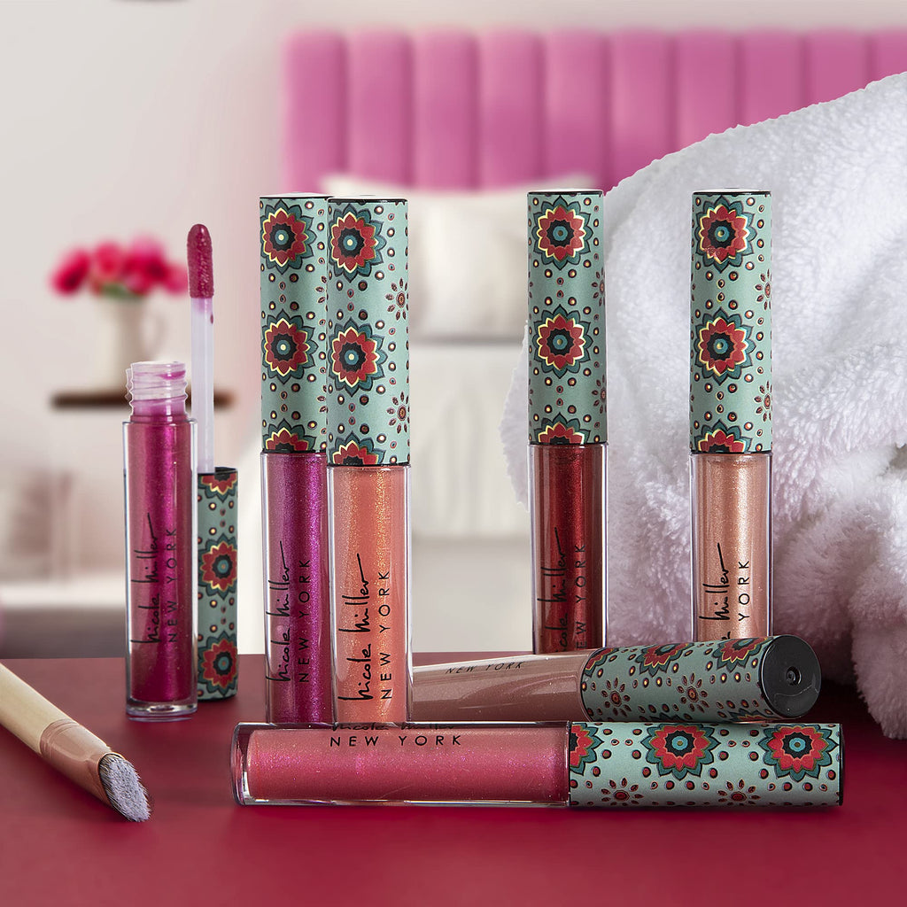 Nicole Miller Lip Gloss Collection Shimmery Glosses for Women and Girls Long Lasting Color Set with Rich Varied Colors, Flowery Pink, 10 Count (Pack of 1)