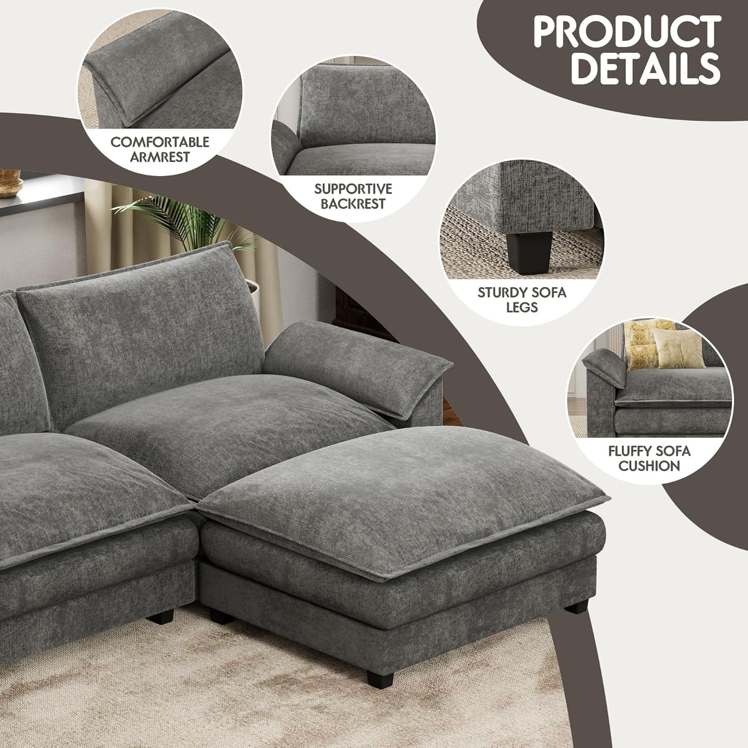 Homall 80" Modular Sectional Sofa, Loveseat Sofa Couch with Double-Layer Cushion, DIY Combination Chenille Deep 2-Seat Cloud Couch for Living Room, Apartment (Bright Grey, Loveseat Sofa)
