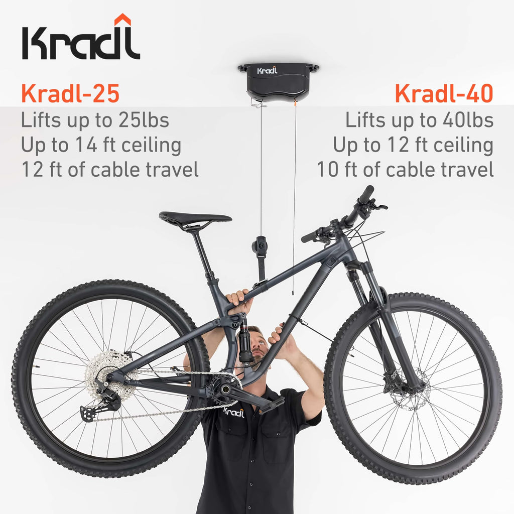 Kradl - Ceiling Mount Bike Lift and Rack. Bicycle Storage Hoist Without Electricity, Clumsy Ropes or Pulleys.