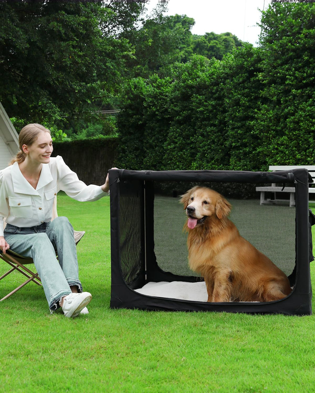 Veraste 24" L x 17" W x 17" H Collapsible Travel Dog Crate, Portable Soft Dog Kennel for Small Medium Pets up to 30 lbs, 4-Door Foldable Travel Crate with Durable Mesh & Storage Bag, Black