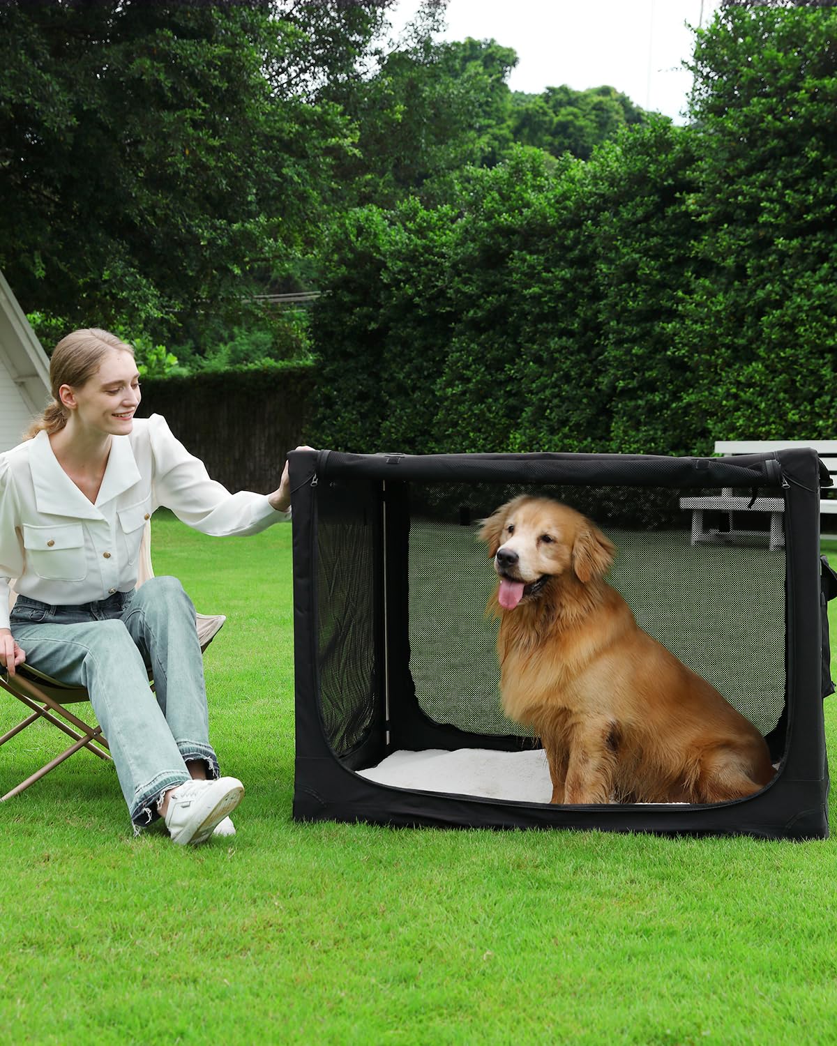 Veraste 24" L x 17" W x 17" H Collapsible Travel Dog Crate, Portable Soft Dog Kennel for Small Medium Pets up to 30 lbs, 4-Door Foldable Travel Crate with Durable Mesh & Storage Bag, Black