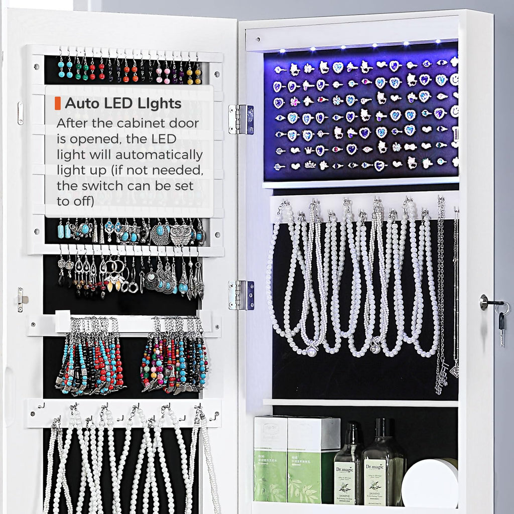 GISSAR Full Length Mirror Jewelry Cabinet, 6 LEDs Jewelry Armoire Wall Mounted Over The Door Hanging, Jewelry Organizer Storage with Lights Lockable, Black, 14.6" x 47.2"