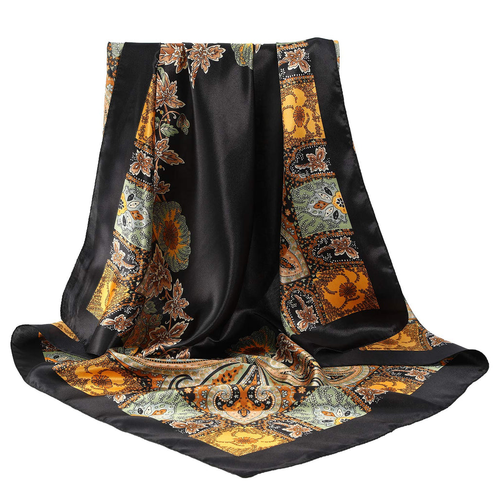 AWAYTR 35” Large Satin Square Head Scarf - 2Pcs Silk Like Floral Head Scarves Square Satin Hair Scarf Bandanas for Women