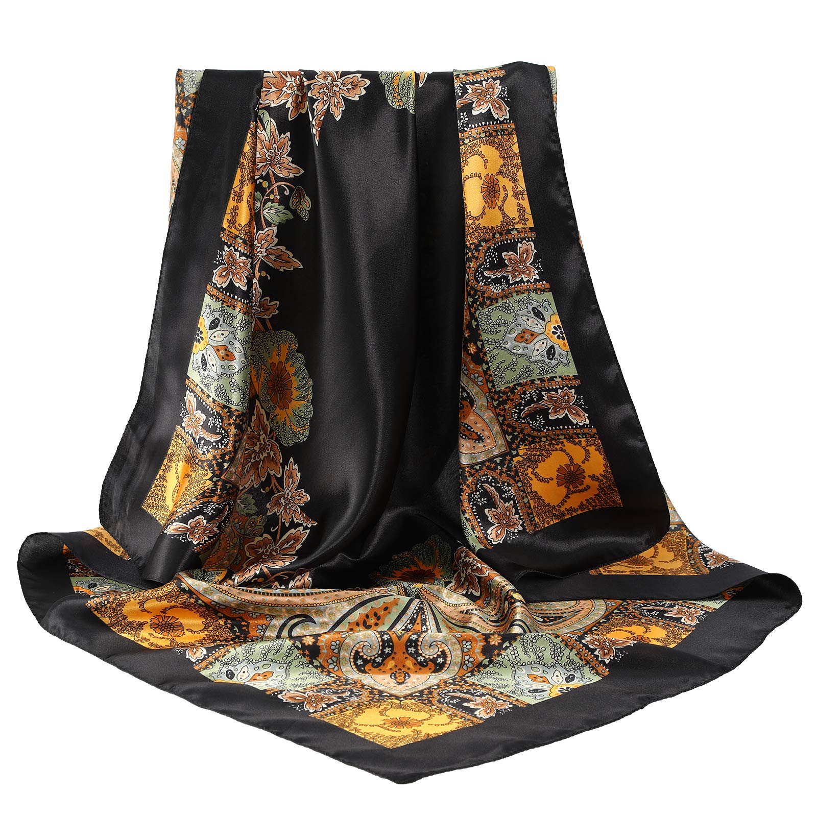 AWAYTR 35” Large Satin Square Head Scarf - 2Pcs Silk Like Floral Head Scarves Square Satin Hair Scarf Bandanas for Women