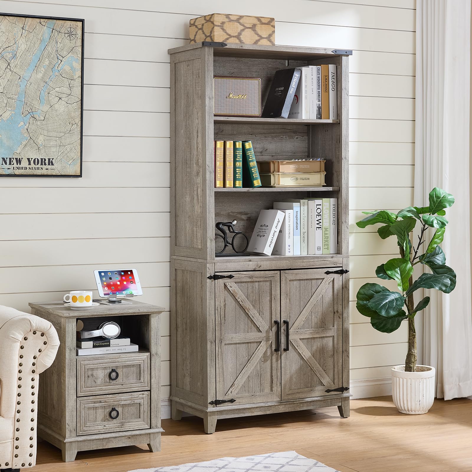 Joaxswe 70in Tall Bookshelf 5 Tier Bookcase with Barn Doors and Adjustable Shelves, Black Farmhouse Book Shelf with Storage Cabinet, Wood Freestanding Display Bookshelves for Bedroom, Living Room
