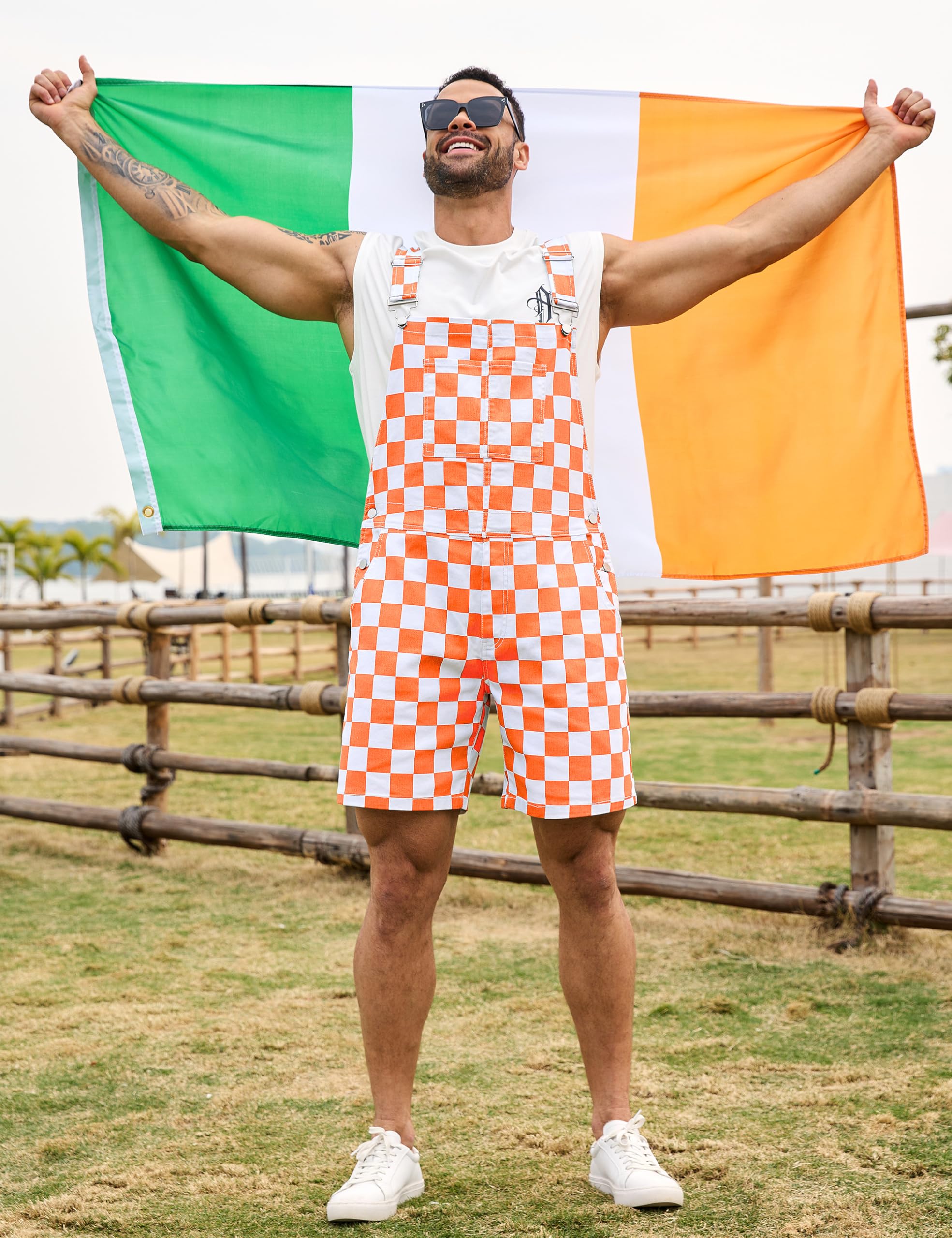 Odefou Checkered Bib Overalls for Men Jumpsuit Shorts Work Coveralls