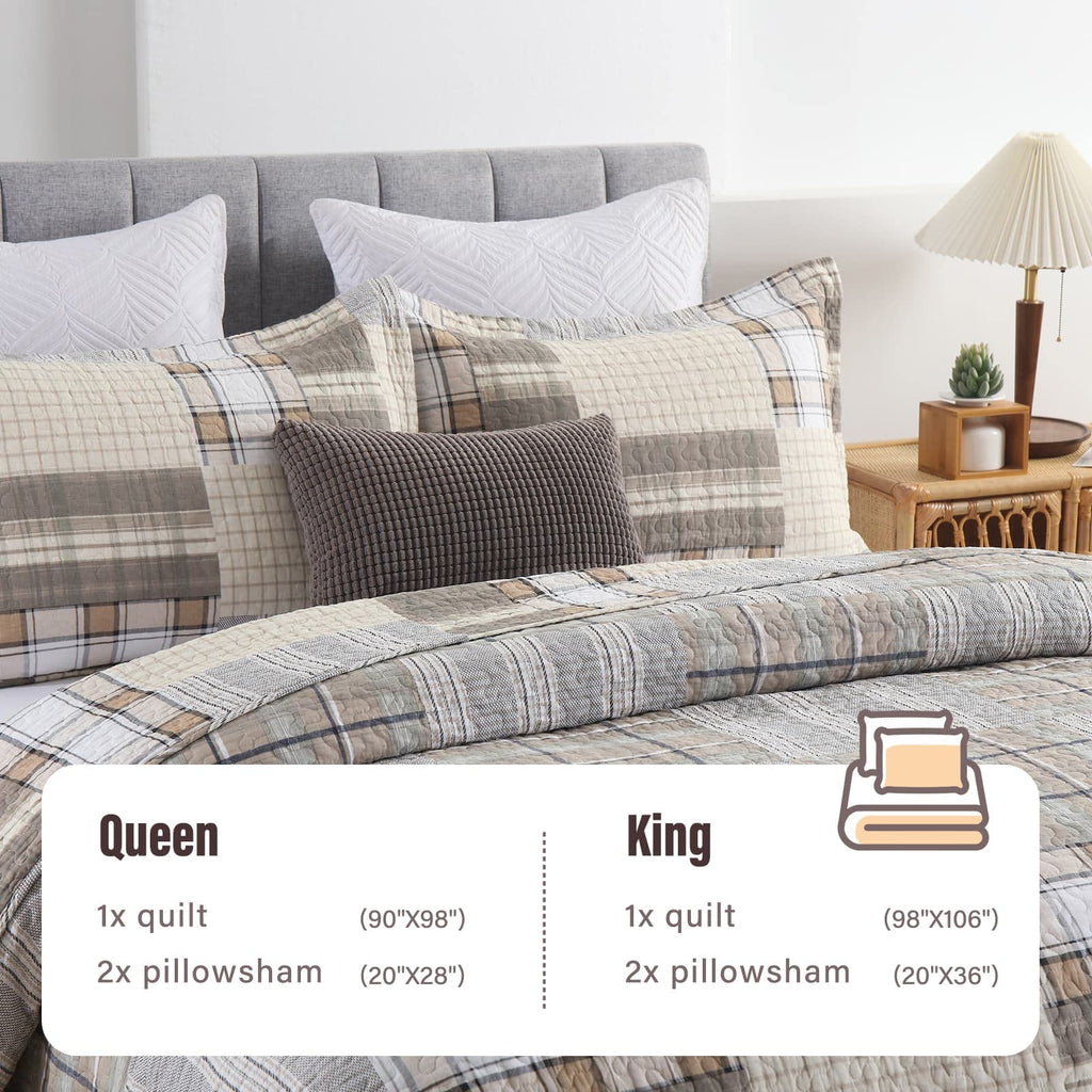 Y-PLWOMEN 100% Cotton Farmhouse Plaid Lightweight 3-Pieces Quilt Set (Blue Brown, Queen90 * 98 Inch)