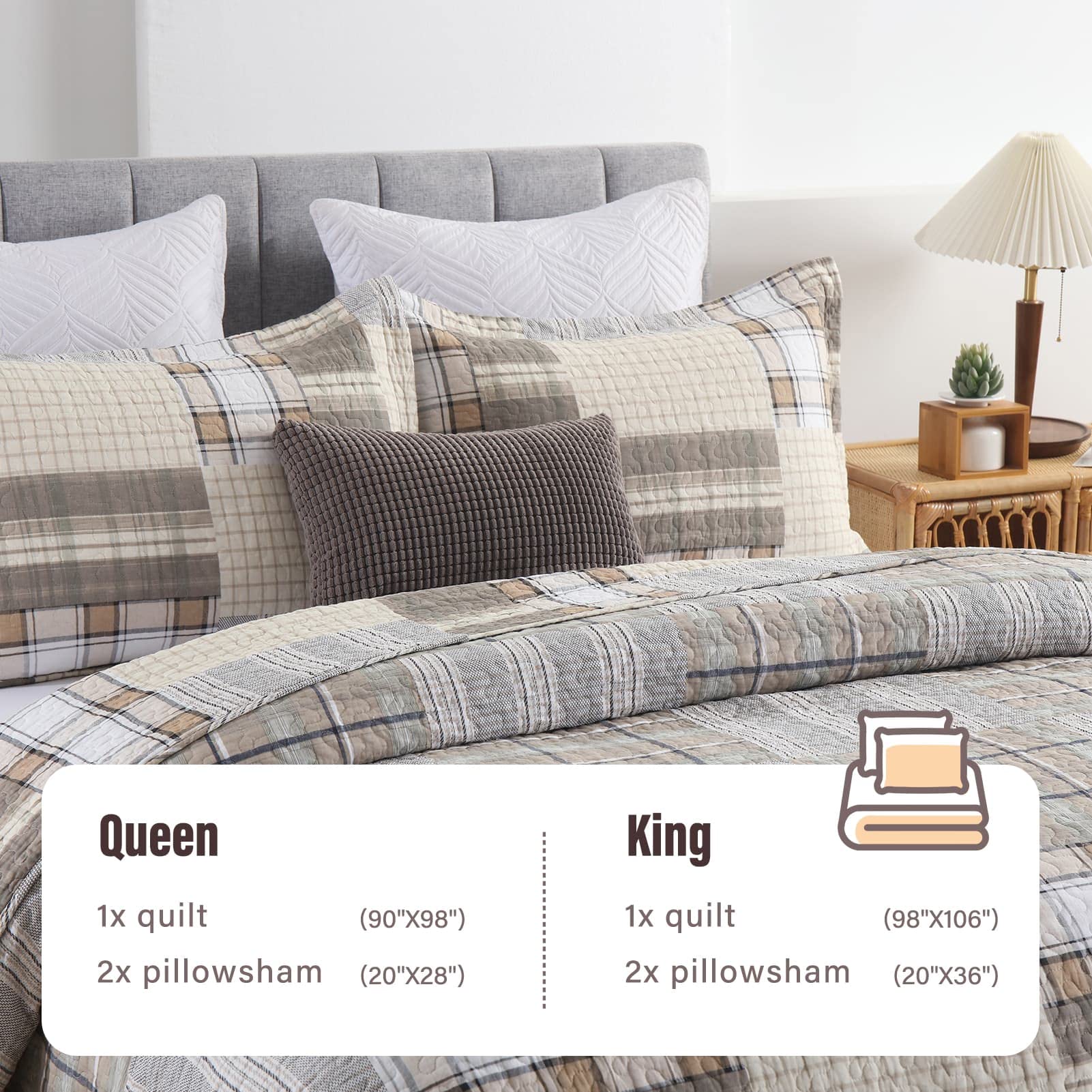 Y-PLWOMEN 100% Cotton Farmhouse Plaid Lightweight 3-Pieces Quilt Set (Blue Brown, Queen90 * 98 Inch)
