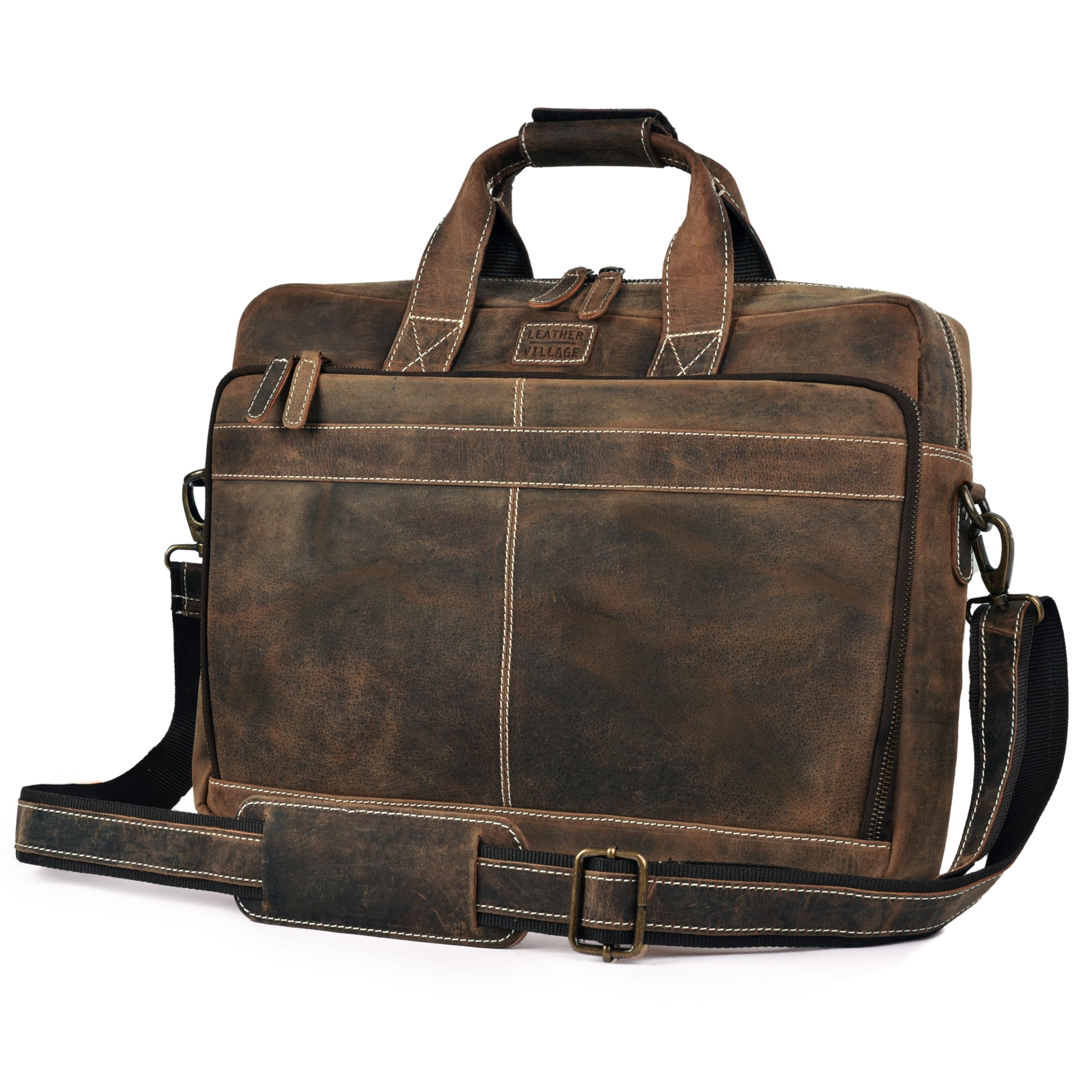 LEATHER VILLAGE 16" Leather Laptop Messenger Briefcase Bag for Men-Leather Satchel for Travel and Office Shoulder Bag-Black