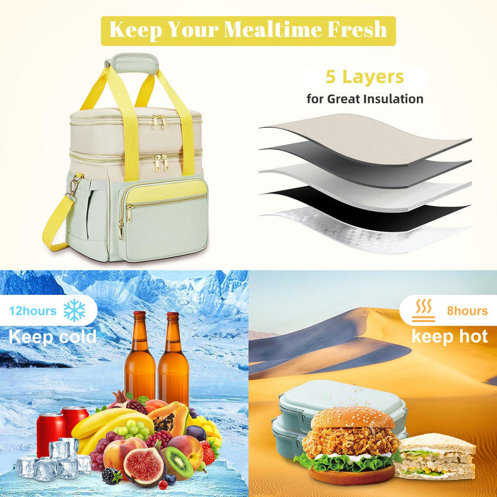 holuxer Insulated Lunch Bag & Lunch Box for Men - Double Deck Reusable Lunch Bag for Women Tote Cooler Bag Leakproof Soft Expandable - Large Lunchbox for Work/Adult/Picnic/Outdoor (Black，15L)