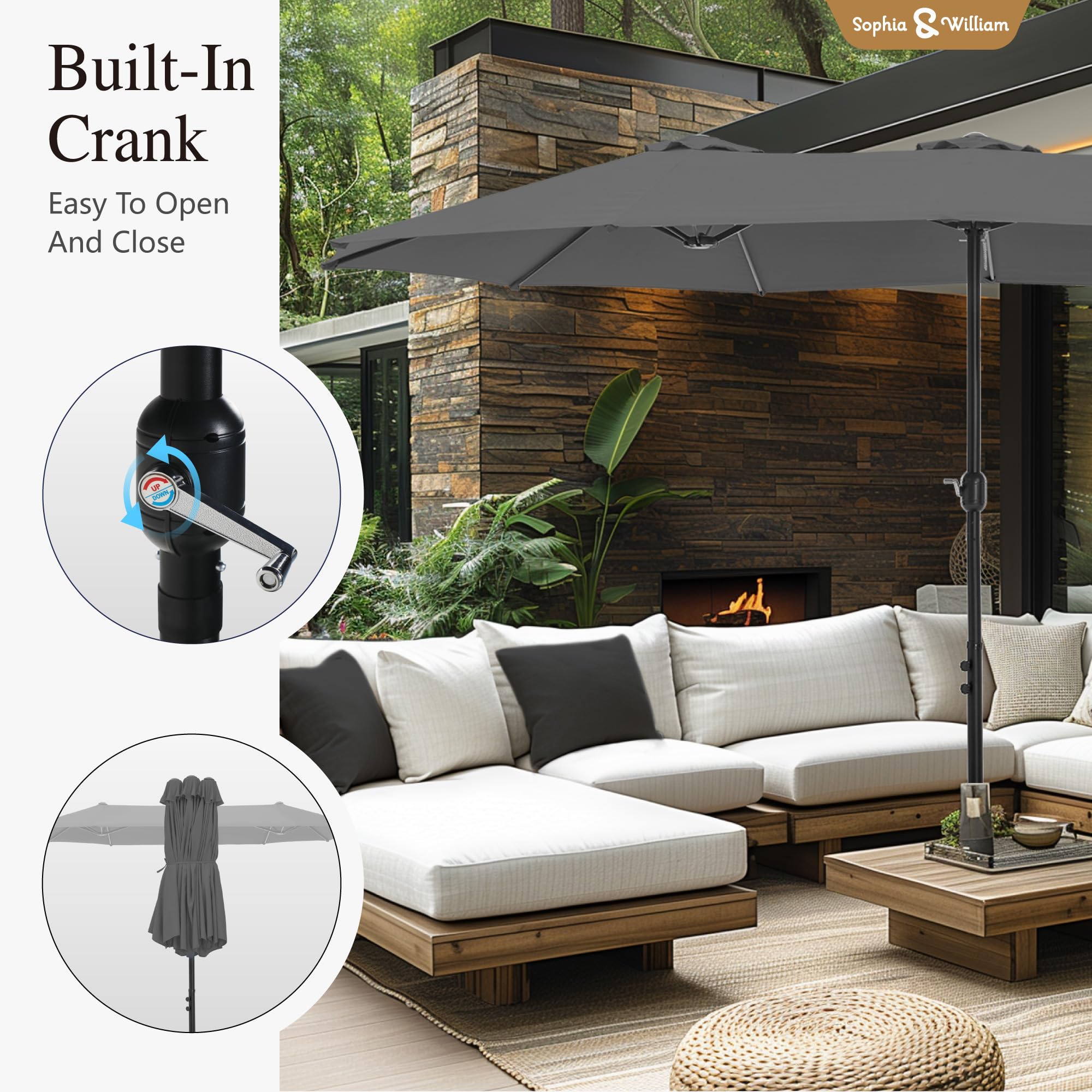Sophia & William 15 ft Extra Large Patio Umbrella with Base Included, Rectangular Outdoor Umbrella Heavy Duty, Market Umbrella Double-sided Fade Resistant for Pool Garden Backyard, Beige