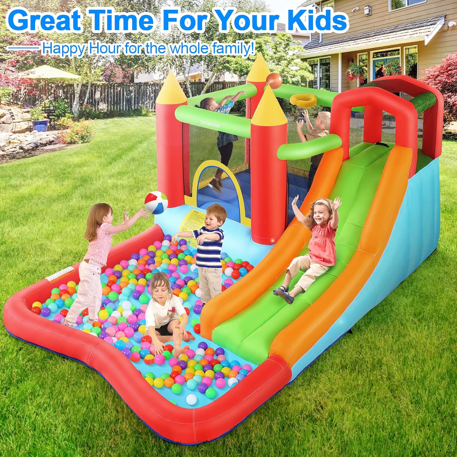 Bounce House,Inflatable Bounce Castle with Blower for Kids 3-12,Outdoor/Indoor Bouncy House Water Park for Backyard with Splash Slide,Climbing Wall,Ball Pit,Jumping Area (146" x 103" x 73")