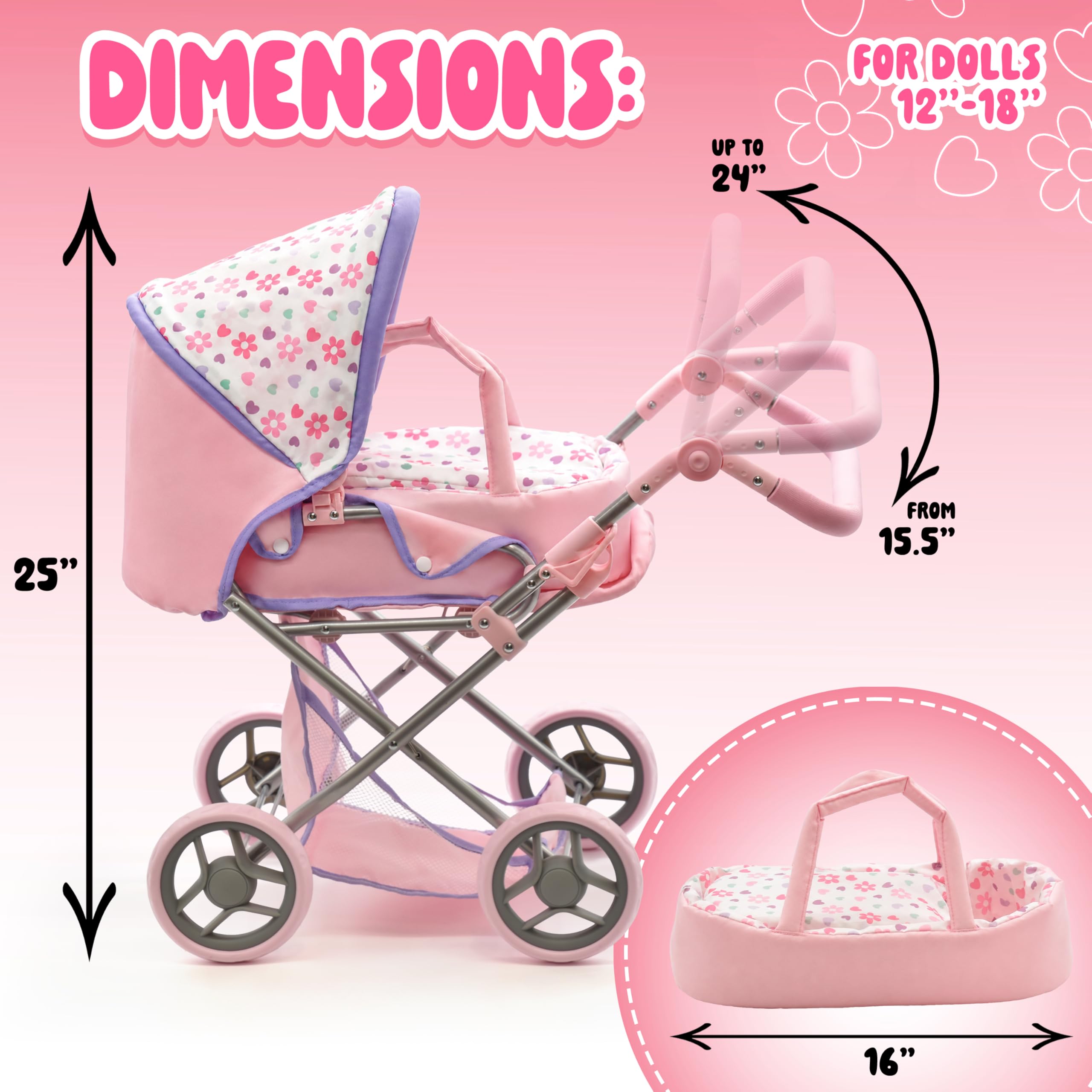 Baby Doll Convertible Pram Stroller with Removable Travel Bassinet Carrier for Kids Adjustable Handle Buggy Carriage with Canopy and Storage Basket 25 Inch Pink, Black