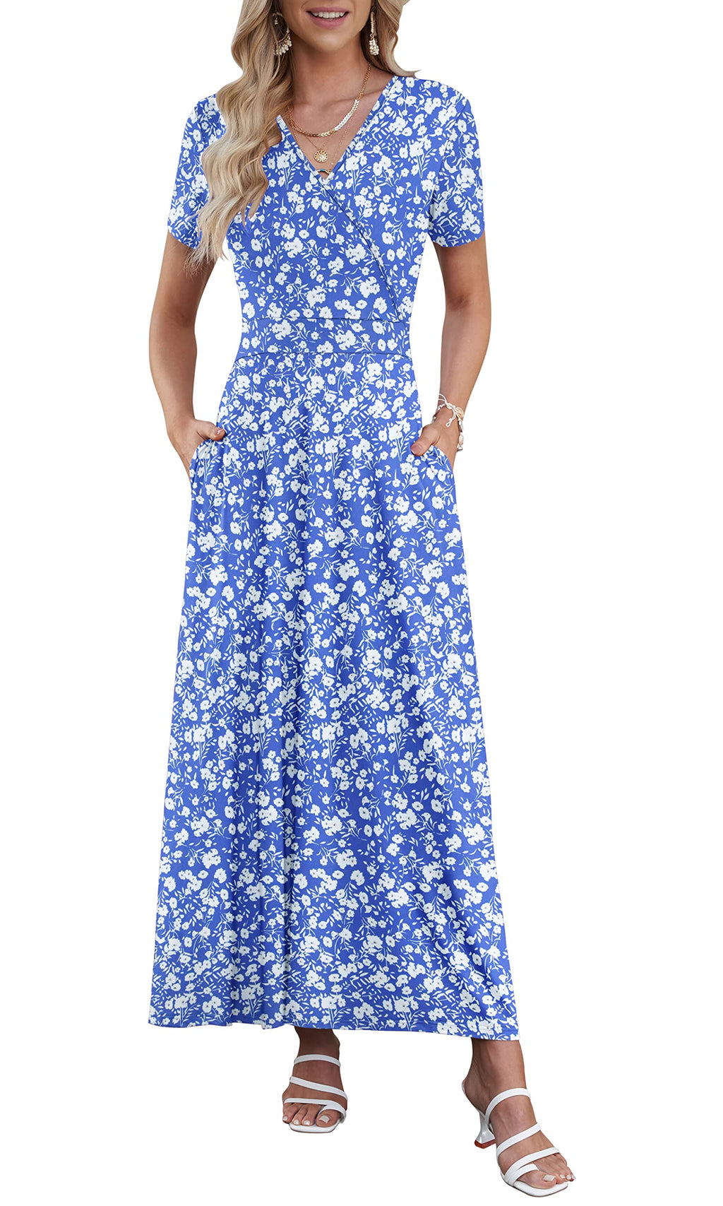 AUSELILY Maxi Dresses for Women Ankle Length Floral Print Beach Long Flowy Dress with Pockets