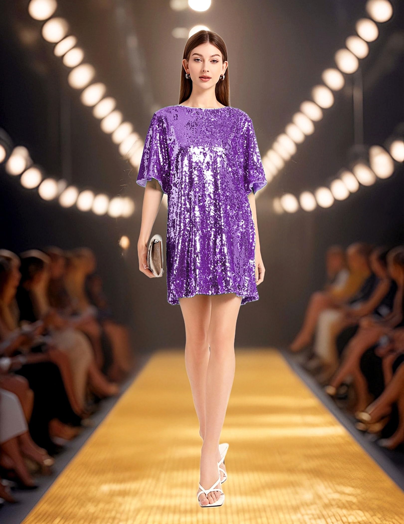 Women's Crew Neck Sequin Dress for Women Sexy V Neck Shirt Dress Sparkly Half Sleeve Loose Party Club Cocktail Dress