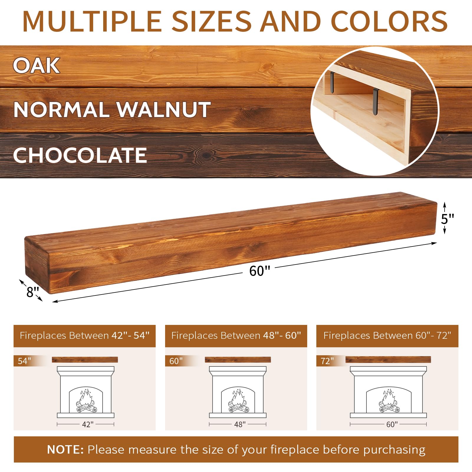 G GOOD GAIN Fireplace Mantel 54inch - Handmade Rustic Wood Mantel for Over Fireplace | Wall Mounted Floating Mantle Shelves for Living Room Decor(Chocolate, 54Lx5Hx8D)