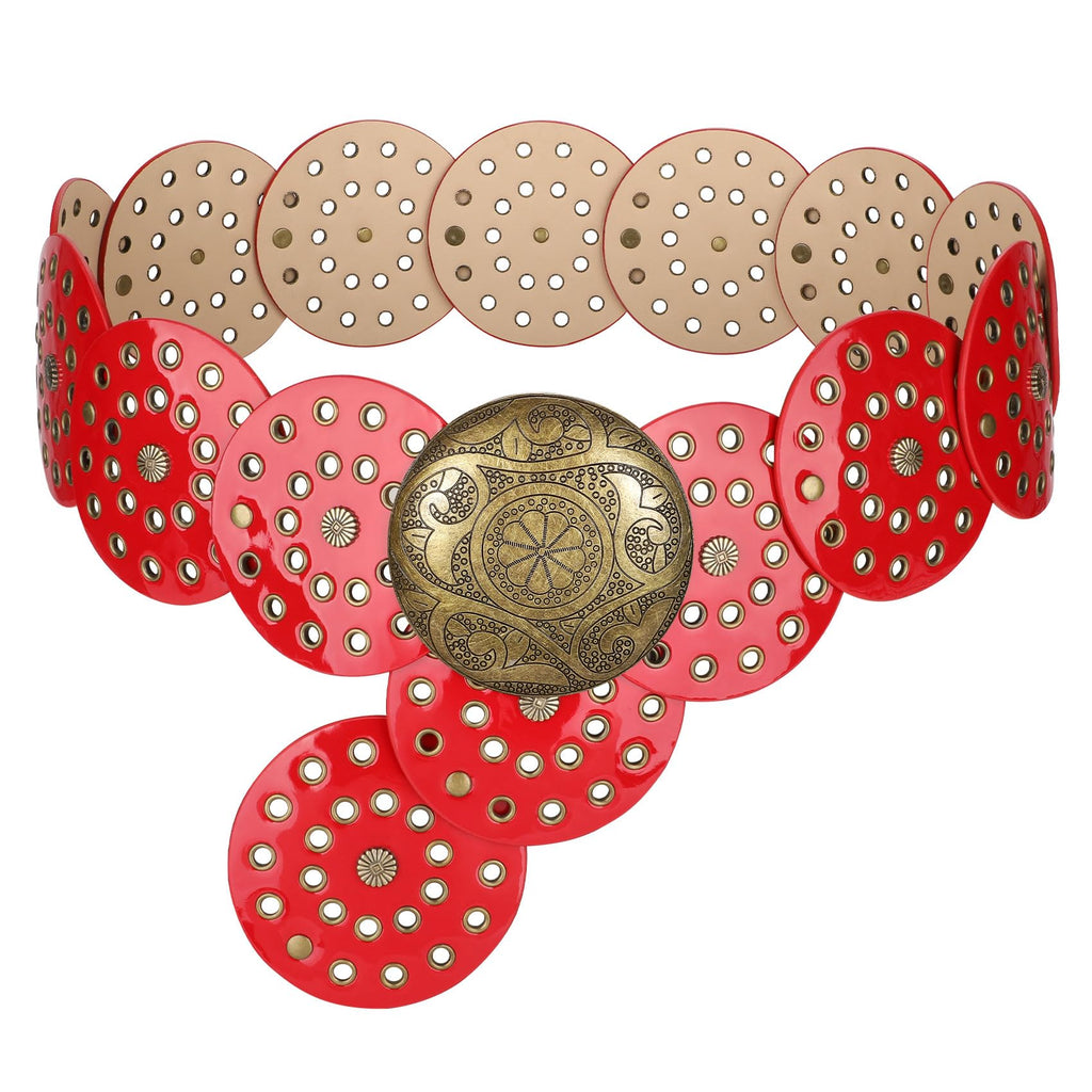 WERFORU Women Vintage Leather Belt Western Disc Waist Belts Ladies Western Belt Boho Belt for Dress Jean-
