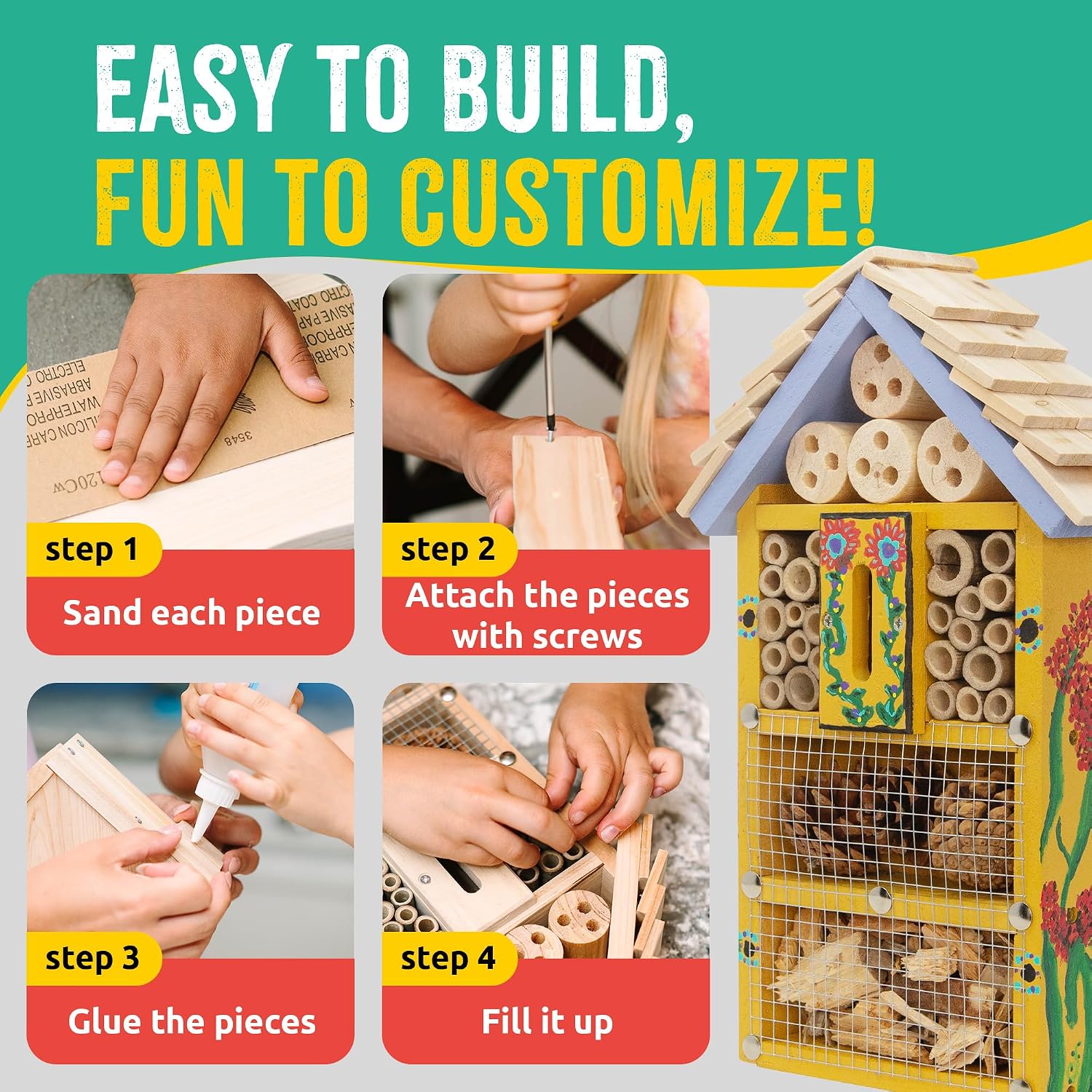 SparkJump Premium Bug Hotel Kit for Kids – Easy Wood Craft Kits for Children, Lady Bug House for Garden with Tools, Paints & Glue, Fun Birthday Gifts for Girls and Boys
