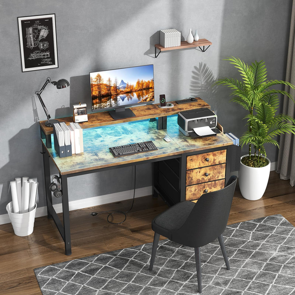 Lufeiya White Desk with 4 Drawers - 47 inch Gaming Desk with Monitor Stand, Reversible Computer Gaming Table with LED Lights Power Outlets and Storage Bag Fabric Drawer for Home Office, Bedroom, White