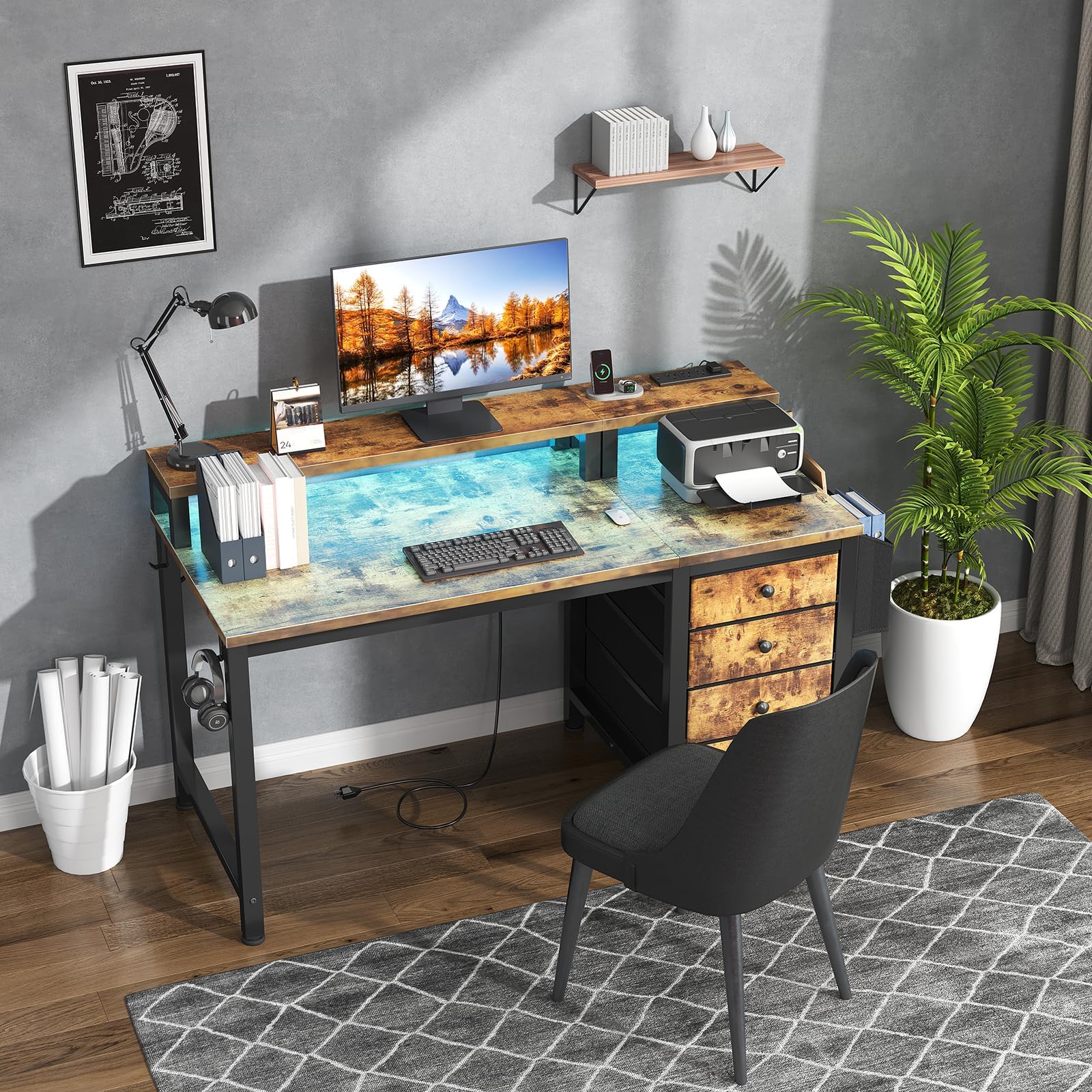Lufeiya White Desk with 4 Drawers - 47 inch Gaming Desk with Monitor Stand, Reversible Computer Gaming Table with LED Lights Power Outlets and Storage Bag Fabric Drawer for Home Office, Bedroom, White
