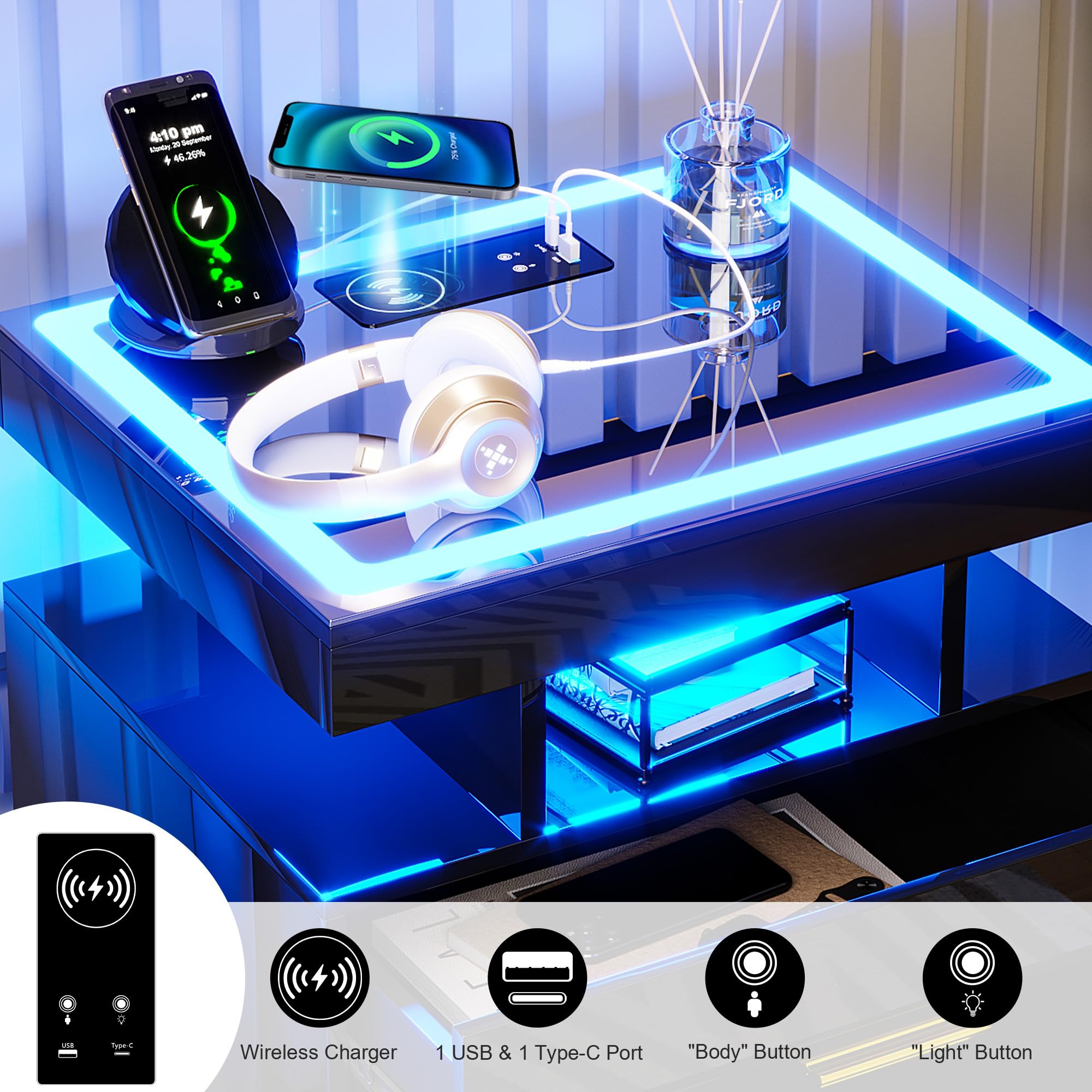 HNEBC LED Nightstand with Charging Station,Smart Bedside Table with Motion Sensor Lights,3 Drawers,Tempered Glass Top,High Gloss End Table with 3 Color Lights for Bedroom, Living Room,Office-Black