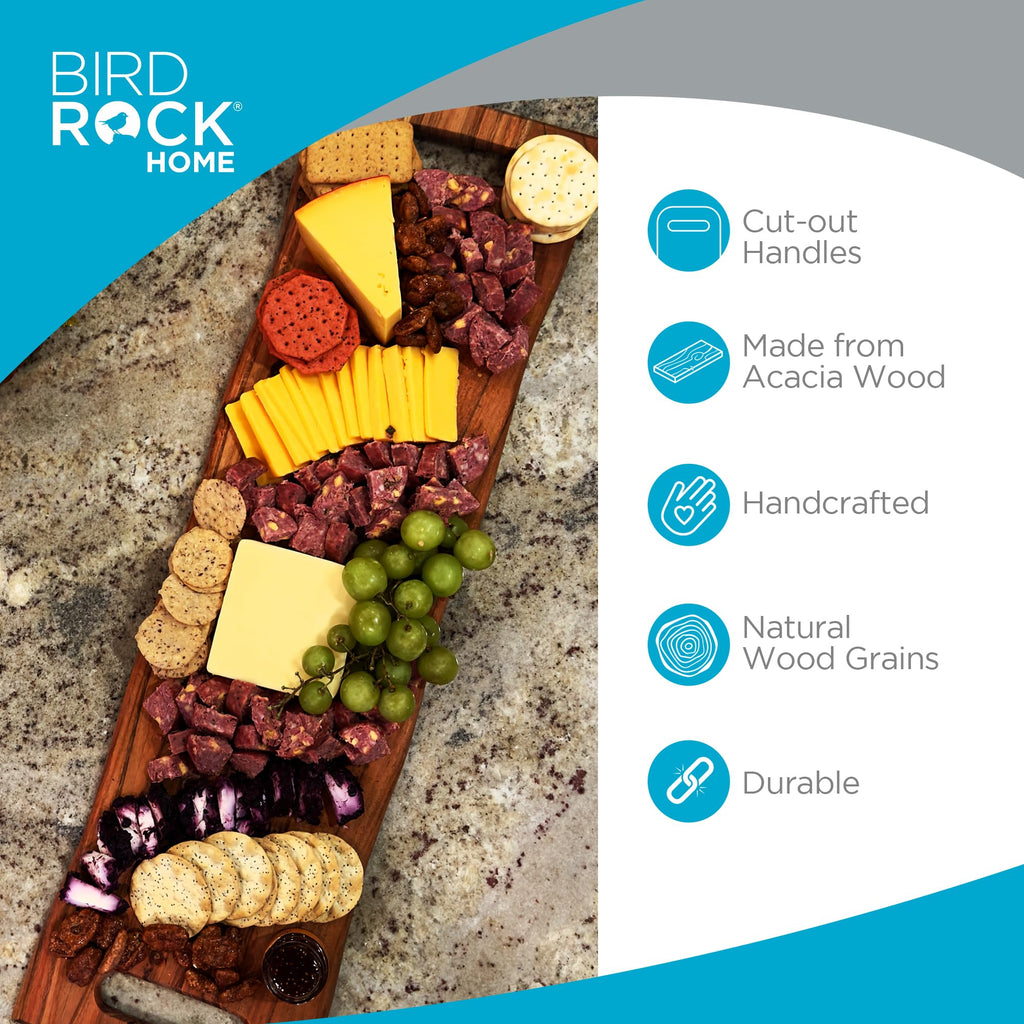 BIRDROCK HOME Acacia Wooden Cheese & Charcuterie Board with Handles 22" | Rectangular Food Platter for Bread, Meat, or Appetizers | Natural Wood Serving Tray Cutting Board for Kitchen & Outdoor Use