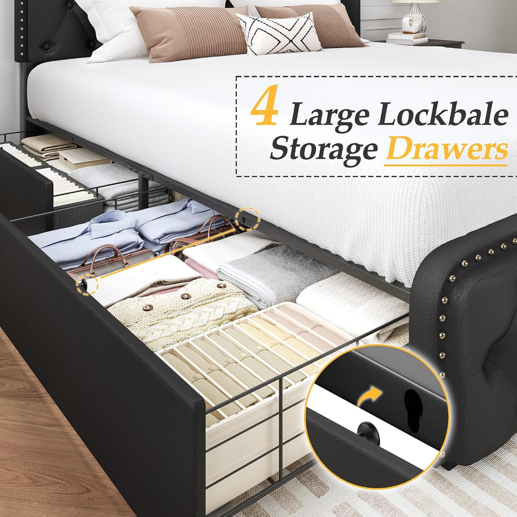 Lifezone Queen Bed Frame with Headboard Faux Leather Upholstered Metal Queen Bed Frame with 4 Storage Drawers, Adjustable Headboard/All-Metal Support/No Box Spring Needed/Easy Assembly, Black