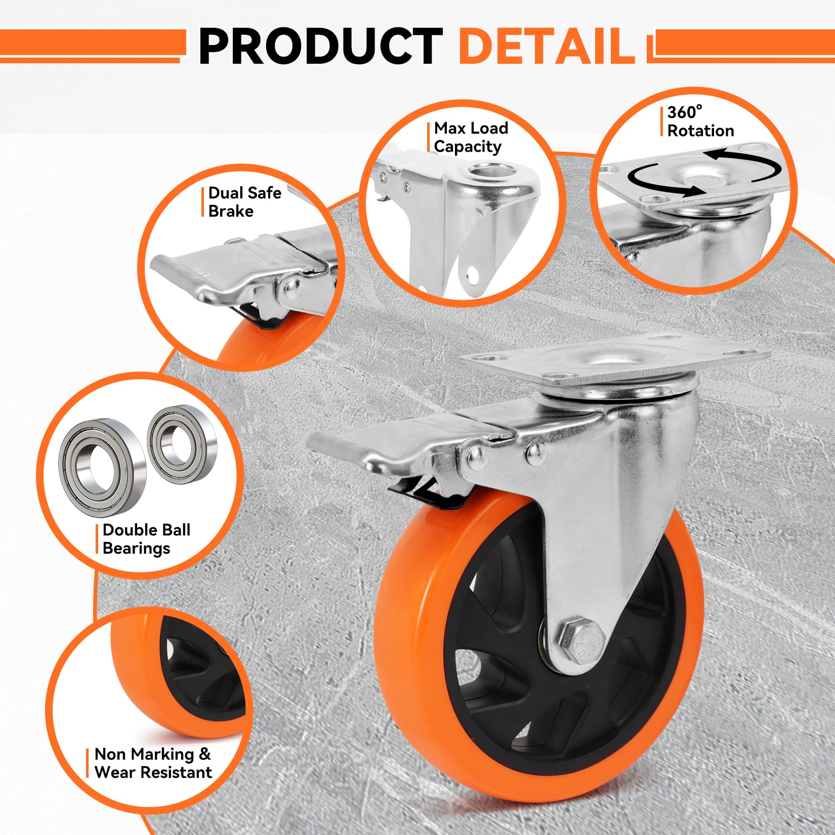 W B D WEIBIDA 2" Plate Caster Wheels Heavy Duty 600 Lbs Load Capacity Swivel Casters with Brake Set of 4, Safety Dual Locking, No Noise Wheels for Furniture, Carts (Screws and Screwdriver)
