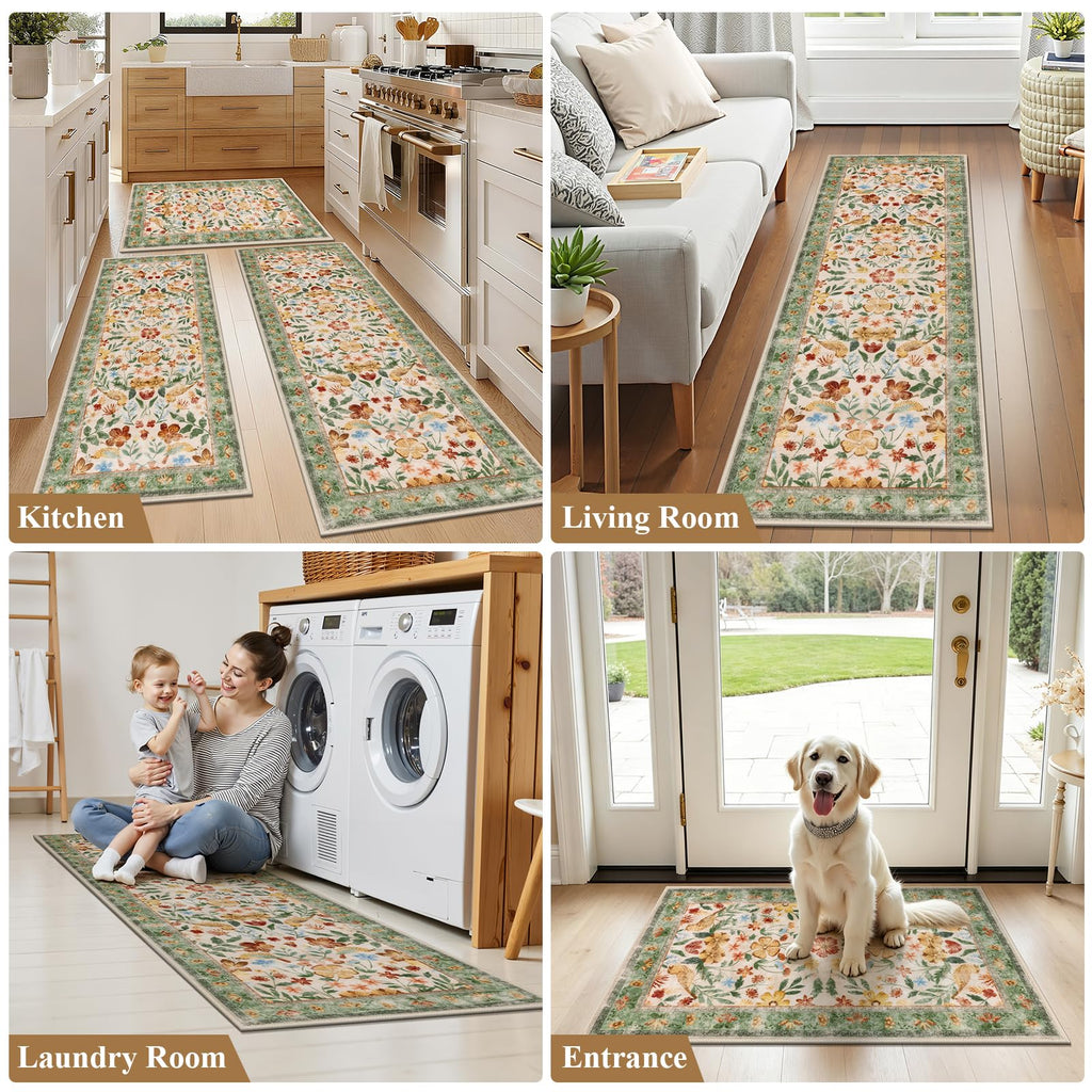HEBE Boho Kitchen Rug Sets 3 Piece with Runner Non Slip Kitchen Rugs and Mats Washable Kitchen Mats for Floor Thick Kitchen Floor Mat Carpet Runner Rugs for Hallway Laundry Holiday Decor