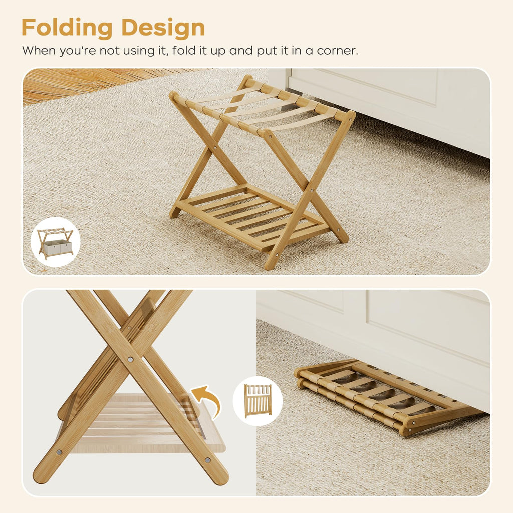 oakvivo Fully Assembled Black Luggage Rack for Guest Room, Bamboo Foldable Suitcase Stand with 5 Nylon Straps, Upgraded Luggage Rack Holder with Shelf for Bedroom Hotel, Holds up to 165 Lbs, 1pcs