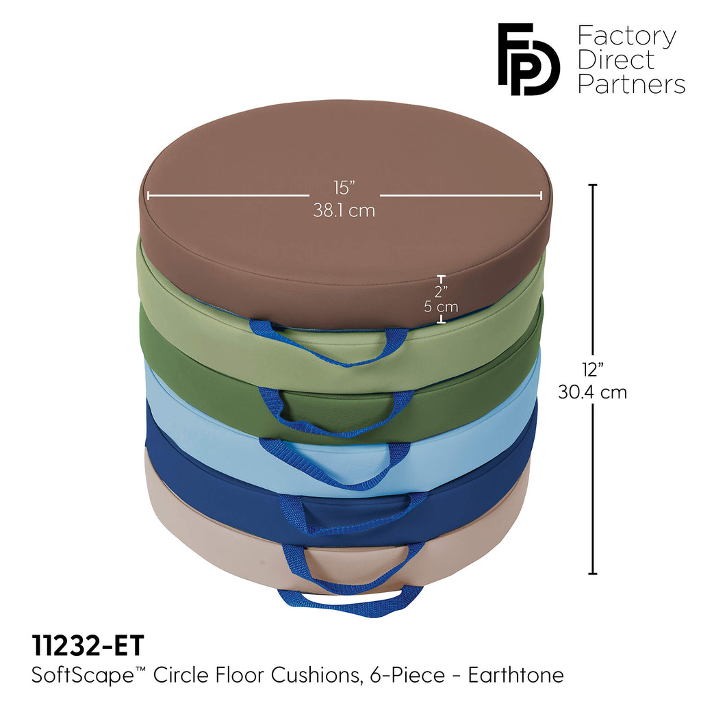 Factory Direct Partners SoftScape 15 inch Square Classroom Floor Cushions with Handles; Flexible Seating for Daycare, Preschool, Playroom; 2 inch Thick Deluxe Foam (6-Piece) - Assorted, 12228-AS