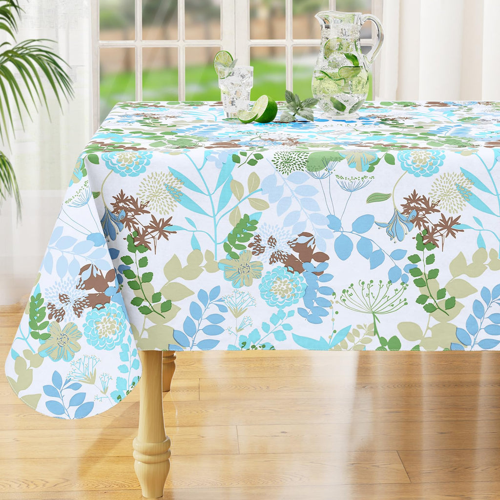 misaya Square Waterproof Vinyl Table Cloth, Wipeable Tablecloth with Flannel Backing, Plastic Table Cover for Dinner, Picnic, Indoor and Outdoor (Blue Leaves, 54" x 54")
