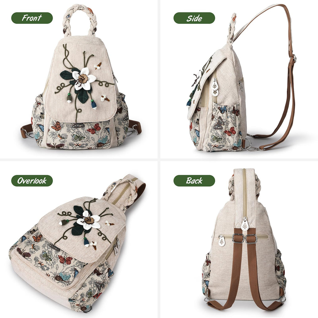 Ladys Convertible Sling Bag, Hand Craft Artisan Purse, Girls Beautiful Canvas Premium Casual Day Mini Backpack for Women (Flower Bee)