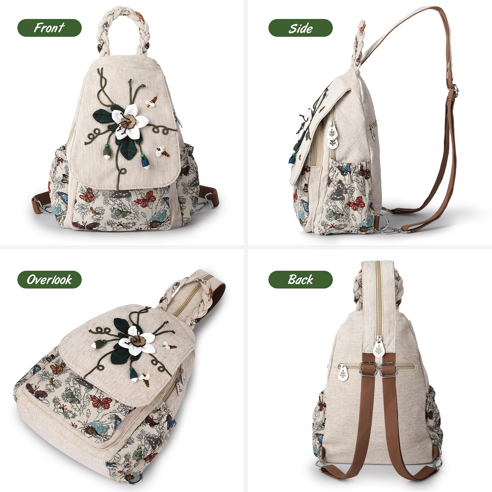 Ladys Convertible Sling Bag, Hand Craft Artisan Purse, Girls Beautiful Canvas Premium Casual Day Mini Backpack for Women (Flower Bee)