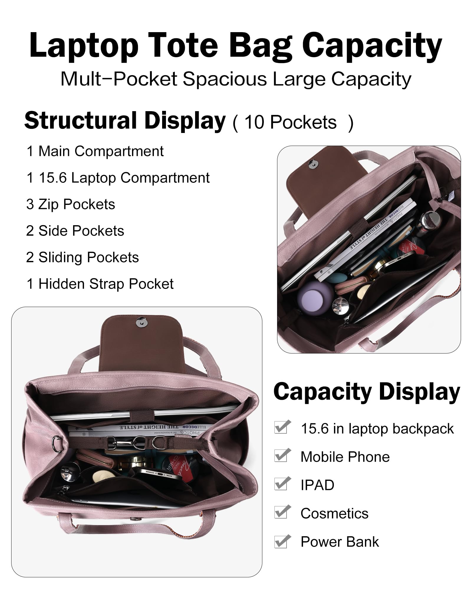 FADEON Large Laptop Tote Bag for Women Designer Leather Laptop Bag Fashion Travel Backpack Purse Shoulder Handbag