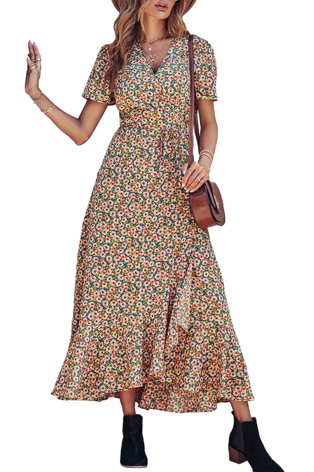 PRETTYGARDEN Women's Boho Floral Maxi Dress Summer Short Sleeve Wrap V Neck Long Flowy Beach Vacation Wedding Guest Dresses
