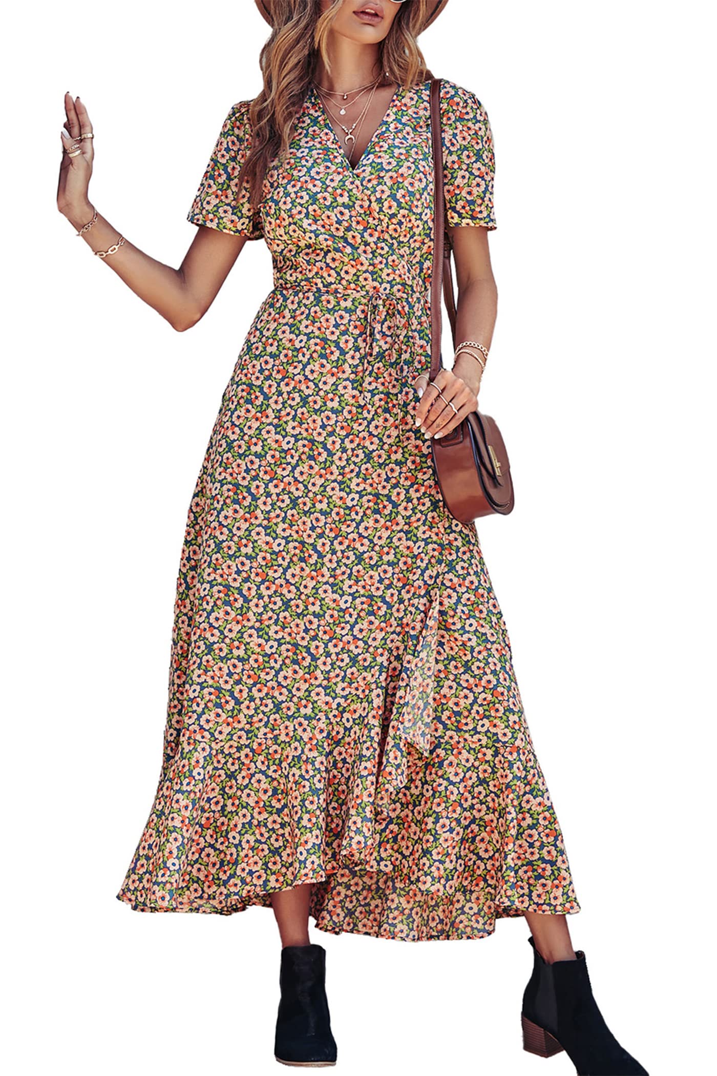 PRETTYGARDEN Women's Boho Floral Maxi Dress Summer Short Sleeve Wrap V Neck Long Flowy Beach Vacation Wedding Guest Dresses
