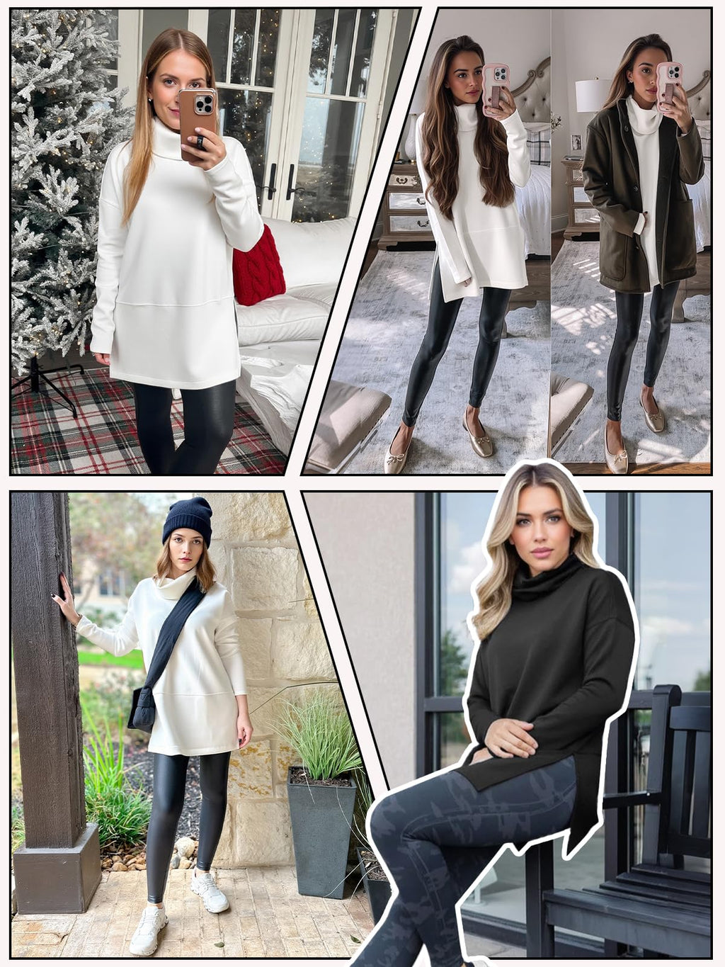 Fisoew Women's Turtleneck Oversized Sweatshirt Casual Long Sleeve Loose Side Slit Pullovers Tunic Tops
