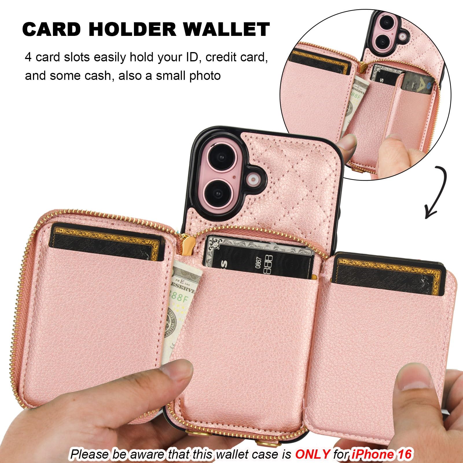 Bocasal Crossbody Wallet Case for iPhone 16, RFID Blocking PU Leather Zipper Handbag Purse Flip Cover, Kickstand Folio Case with Card Slots Holder Wrist Strap Lanyard 5G 6.1 Inch (Black)