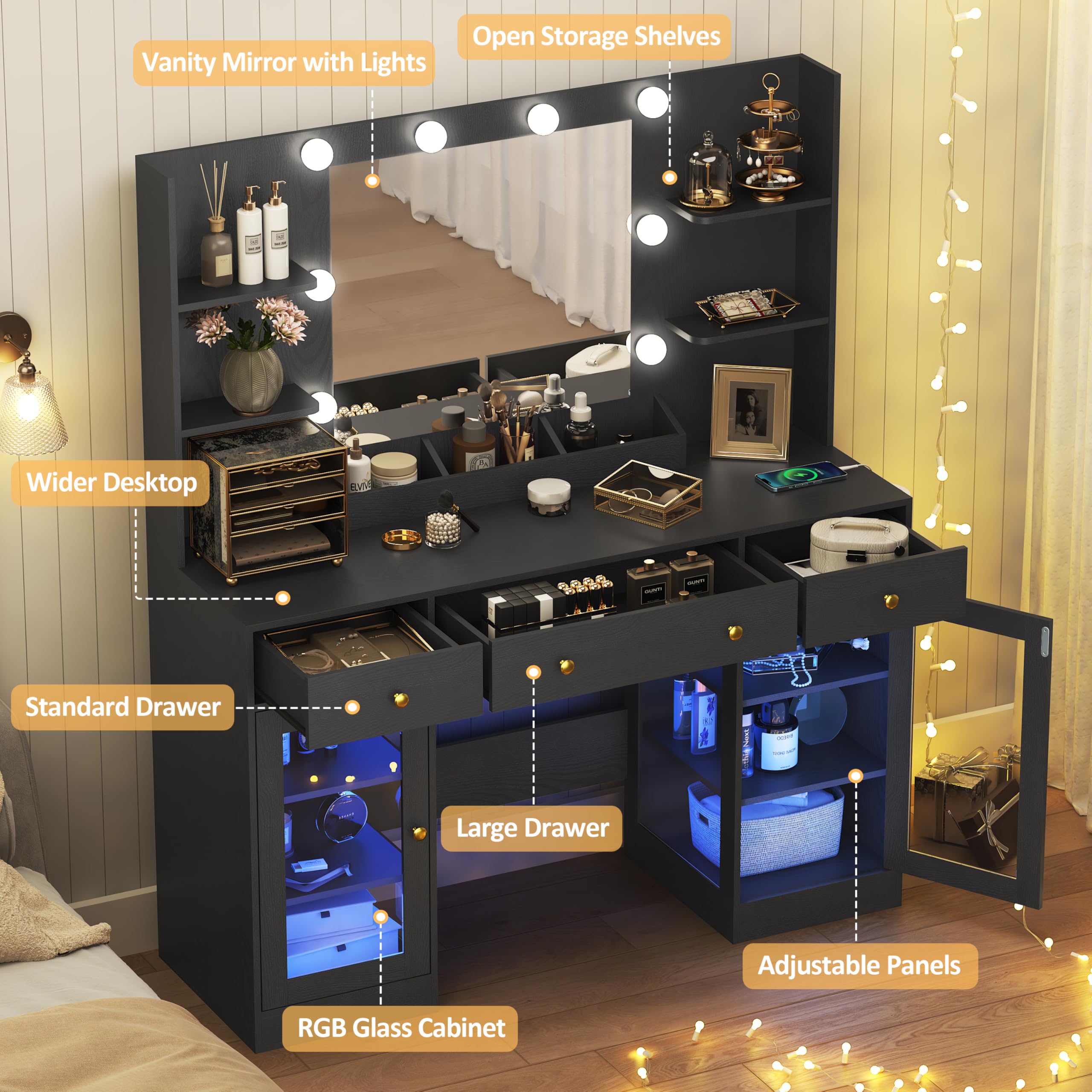 HUANLEGO Vanity Desk with Mirror and Lights, Makeup Vanity with Mirror and LED Lights & Power Outlet, 3 Drawers and Cabinets, 3 Lighting Modes Dressing Table Set for Girls Women Bedroom,Oak