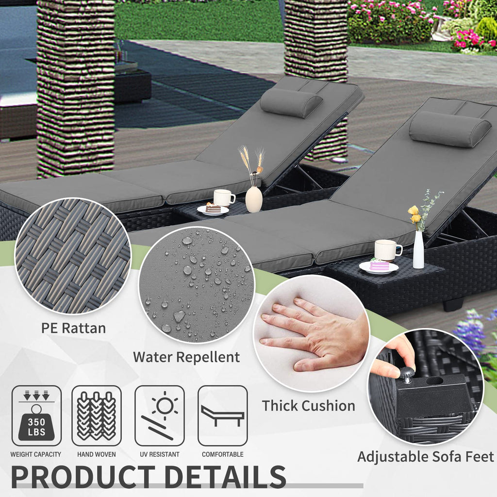 WAROOM Outdoor Chaise Lounge Chairs for Outside Patio Furniture Set of 2 Wicker Recliner Black Rattan Sunbathing Lounger Adjustable Backrest Pool Reclining Chair, Navy Blue Cushion
