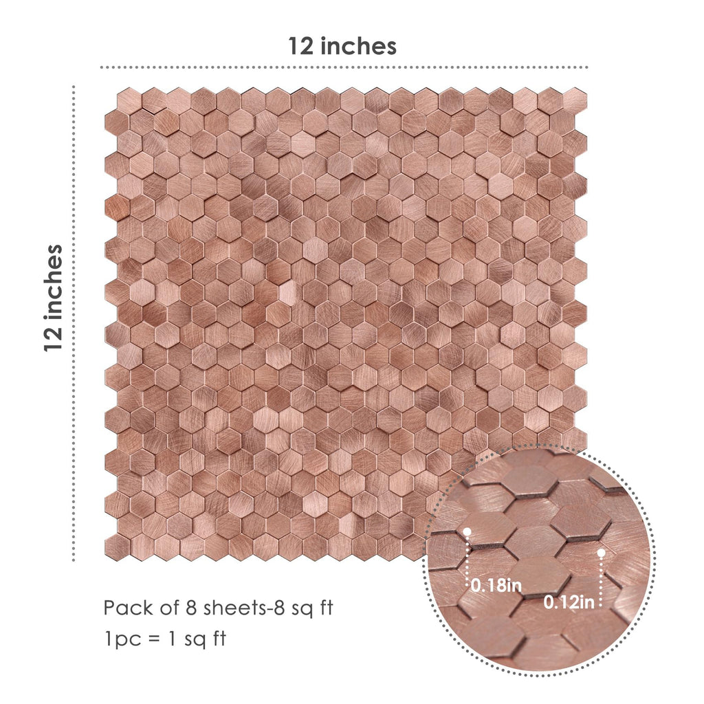 STICKGOO Peel and Stick Backsplash Tiles, Stick on Mosaic Self Adhesive Tiles, 3D Hexagon Backsplash for Kitchen Bathroom Fireplace Vanity (8PCS, Copper)