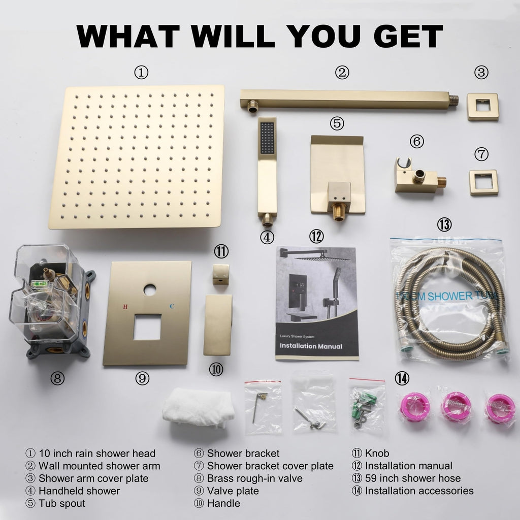 Brushed Gold Shower System with 10-Inch Rain Showerhead and Tub Spout | cUPC-certified pressure balance brass valve to prevent scalding, CEC-certified air injection technology for low pressure