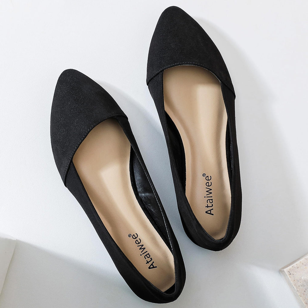 Ataiwee Women's Wide Width Ballet Flats - Stylish Pointed Toe Suede, Soft Comfortable Non-slip Sole.